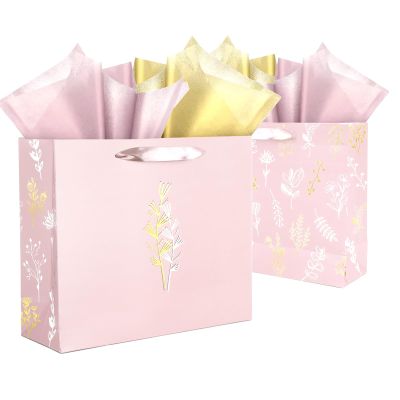 12 Pcs Pink Gift Bags with Handles and Tissue paper, Large Metallic Thank You Bag Bulk for Party Favor 11.8x10x4 in, Reusable Treat Bags for Birthday Brial Baby Shower Mothers Day & All Occasion