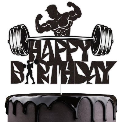 Gym Fitness Happy Birthday Cake Topper Black Glitter Cake Decorations Bodybuilding Gym Weightlifting Barbell Sports Boys Man Fitness Lover Themed Birthday Party Supplies
