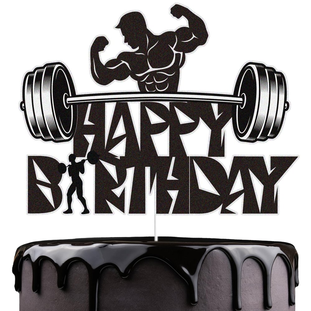 Gym Fitness Happy Birthday Cake Topper Black Glitter Cake Decorations Bodybuilding Gym Weightlifting Barbell Sports Boys Man Fitness Lover Themed Birthday Party Supplies