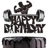 Gym Fitness Happy Birthday Cake Topper Black Glitter Cake Decorations Bodybuilding Gym Weightlifting Barbell Sports Boys Man Fitness Lover Themed Birthday Party Supplies view 1