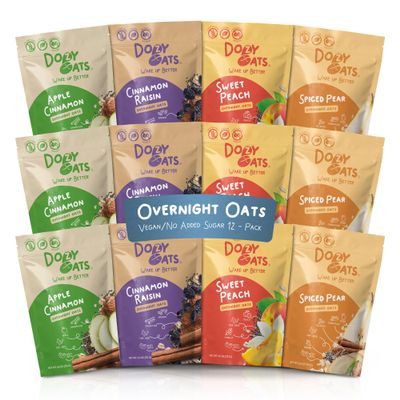 Dozy Oats Vegan, No Added Sugar Overnight Oats Variety Pack with Jar and Spoon, Gluten Free Overnight Oatmeal Packets with Real Fruit, Rolled Oats & Chia Seeds, High Fiber, Natural Protein, Easy Prep Breakfast, 12-Pack