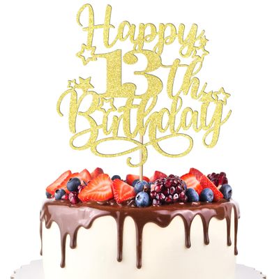 Trelsan Happy 13th Birthday Cake Topper-Cheers to 13 Years Cake Topper- Hello 13 Fabulous Cake Decoration for Happy 13th Birthday Anniversary Party Decorations Supplies (13th, Gold)