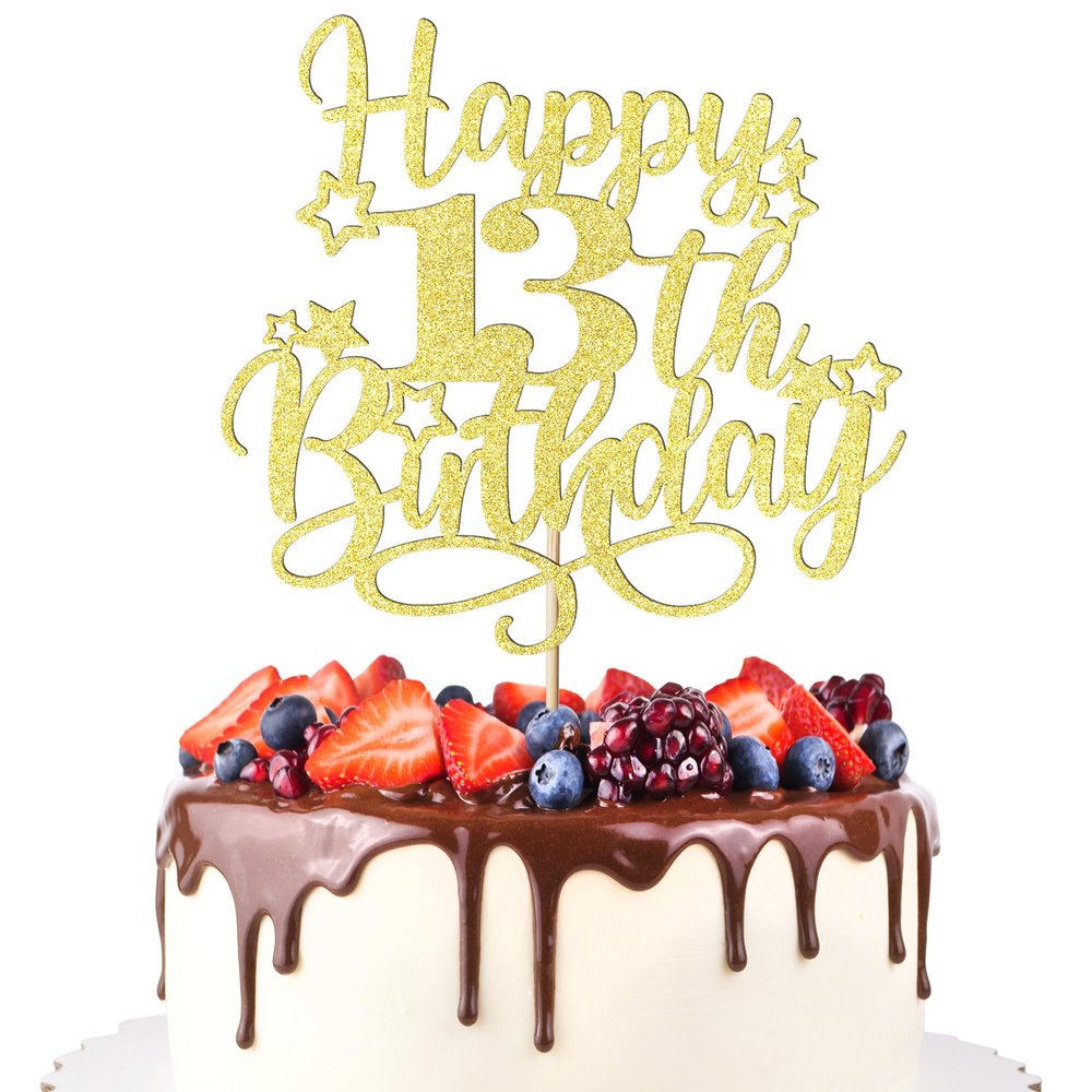 Trelsan Happy 13th Birthday Cake Topper-Cheers to 13 Years Cake Topper- Hello 13 Fabulous Cake Decoration for Happy 13th Birthday Anniversary Party Decorations Supplies (13th, Gold)