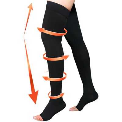 20-30 mmHg Compression Stockings for Women & Men, Thigh High Compression Socks Open Toe, Silicone Dot Band (Black, Small)