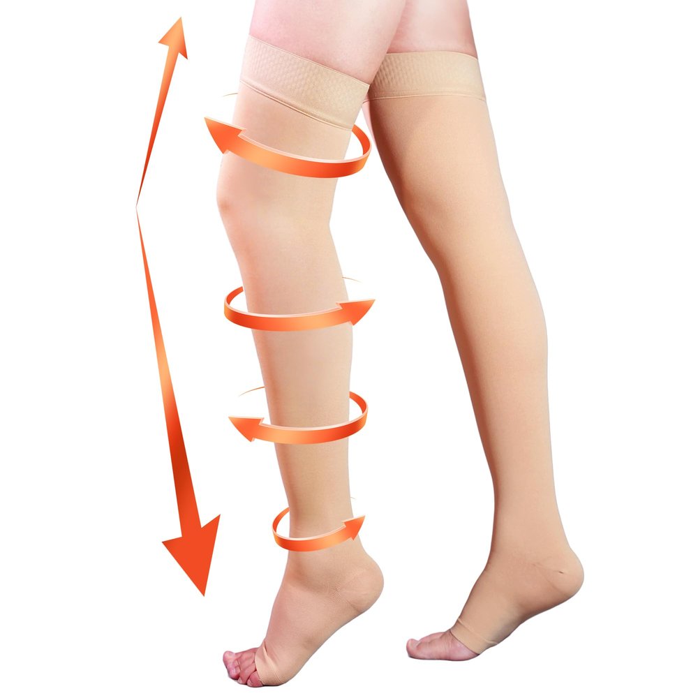 20-30 mmHg Compression Stockings for Women & Men, Thigh High Compression Socks Open Toe, Silicone Dot Band (Nude, Medium)