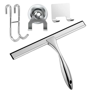 12'' Light Weight Stainless Steel Shower Squeegee for Glass Doors with 4 Pieces Set (1 Window Squeegee, 1 Door Hook and 2 Adhesive Hooks) Perfect Cleaning Tool for Car, Window, Bathroom Mirror