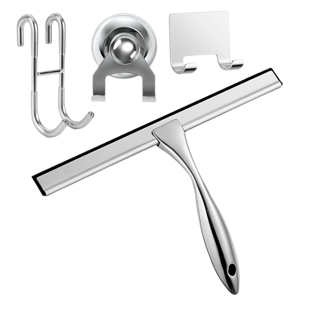 12'' Light Weight Stainless Steel Shower Squeegee for Glass Doors with 4 Pieces Set (1 Window Squeegee, 1 Door Hook and 2 Adhesive Hooks) Perfect Cleaning Tool for Car, Window, Bathroom Mirror