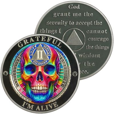 2 Year Colorful Head Bone Sobriety Coin | AA Chip Medallion with Serenity Prayer | Anniversary Token for Men & Women in Recovery | AA Sobriety Gifts Medallion for Month & Year Milestones