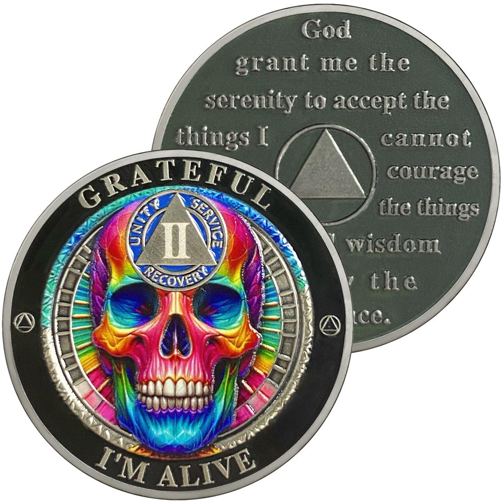 2 Year Colorful Head Bone Sobriety Coin | AA Chip Medallion with Serenity Prayer | Anniversary Token for Men & Women in Recovery | AA Sobriety Gifts Medallion for Month & Year Milestones