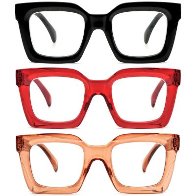 REAVEE 3 Pack Oprah Style Oversized Reading Glasses for Women Men, Blue Light Blocking Computer Thick Frame stylish Square Readers with Spring Hinge((Black/Red/Brown, 1.75)