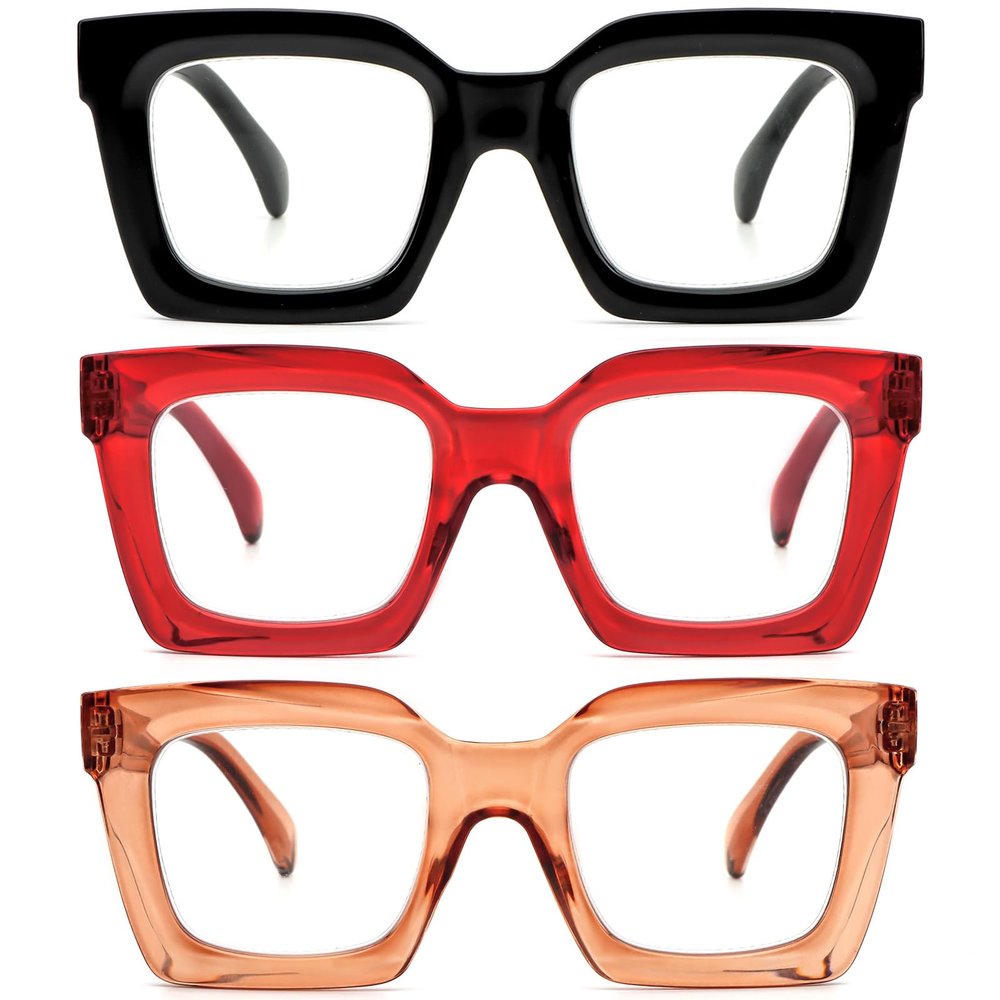 REAVEE 3 Pack Oprah Style Oversized Reading Glasses for Women Men, Blue Light Blocking Computer Thick Frame stylish Square Readers with Spring Hinge((Black/Red/Brown, 1.75)