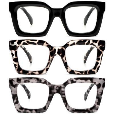 REAVEE 3 Pack Oprah Style Oversized Reading Glasses for Women Men, Blue Light Blocking Computer Thick Frame stylish Square Readers with Spring Hinge((Black/Grey Tortoise/Clear Tortoise, 1.75)
