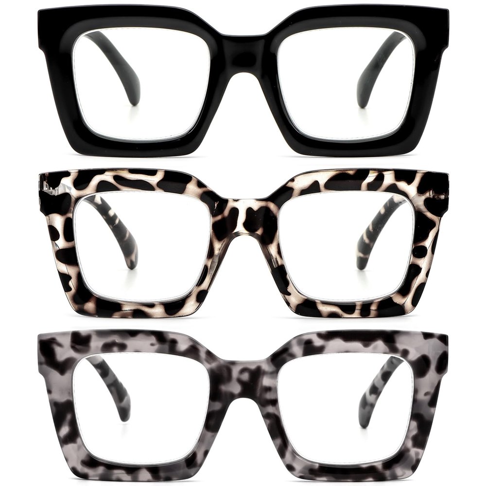 REAVEE 3 Pack Oprah Style Oversized Reading Glasses for Women Men, Blue Light Blocking Computer Thick Frame stylish Square Readers with Spring Hinge((Black/Grey Tortoise/Clear Tortoise, 1.75)
