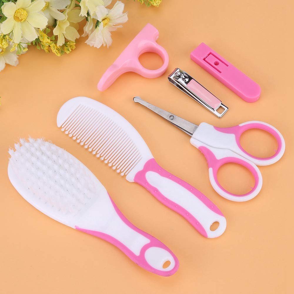 6pcs Baby Nail Care Kit, Hair Brush, Comb, Clippers, Scissors for Infants and Children, Portable Nursery Travel Set (Roseate