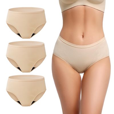 REELINDRY Incontinence Underwear for Women Washable Absorbent Leak Proof Postpartum Cotton Panties for Bladder Leakage 2.0 oz 3 Pack (3 Beige, 2XL)
