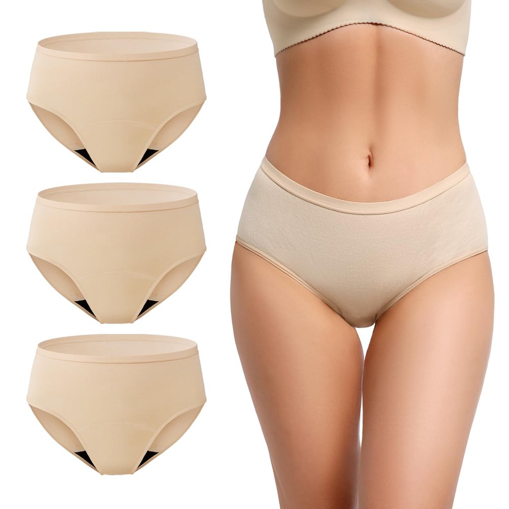 REELINDRY Incontinence Underwear for Women Washable Absorbent Leak Proof Postpartum Cotton Panties for Bladder Leakage 2.0 oz 3 Pack (3 Beige, 2XL)