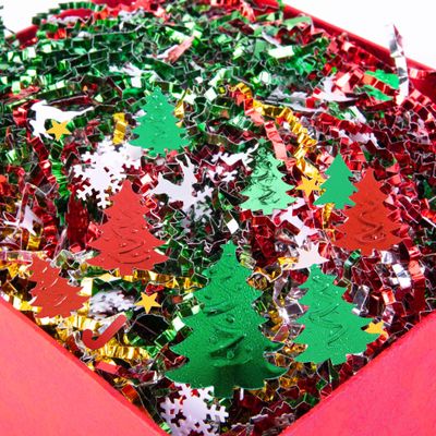1LB Metallic Christmas Crinkle Cut Paper Shred Filler- 2 Sided Christmas Packaging Raffia Stuffer Confetti Decor- 4 Color Shredded Paper Stuffing with Xmas Tree Snow Elk Confetti for Gift Box Wrapping