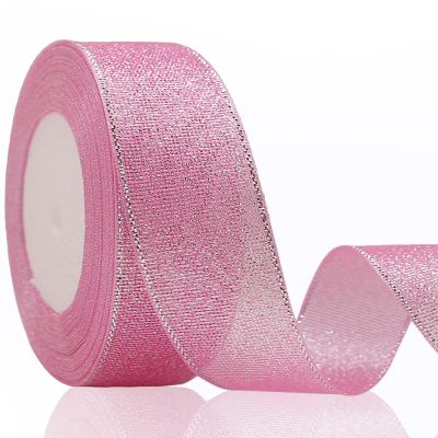 OZXCHIXU 1 1/2 Inch Pink and Silver Glitter Ribbon, 25Yards Colorful Sparkly Metallic Fabric Ribbon for Gift Wrapping, Balloons, Crafts, DIY Decor, Holiday, Wedding and Birthday Party Decoration.