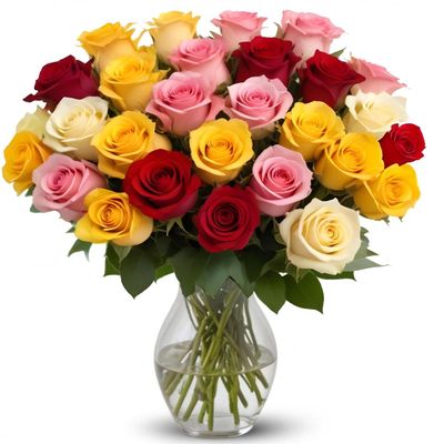 25 Rainbow Roses Assorted Mixed Color | Arabella Bouquets | Real Fresh Flowers for Delivery, Gift for Birthday, Women, Congratulations, Anniversary, Thank You, Valentine's Day