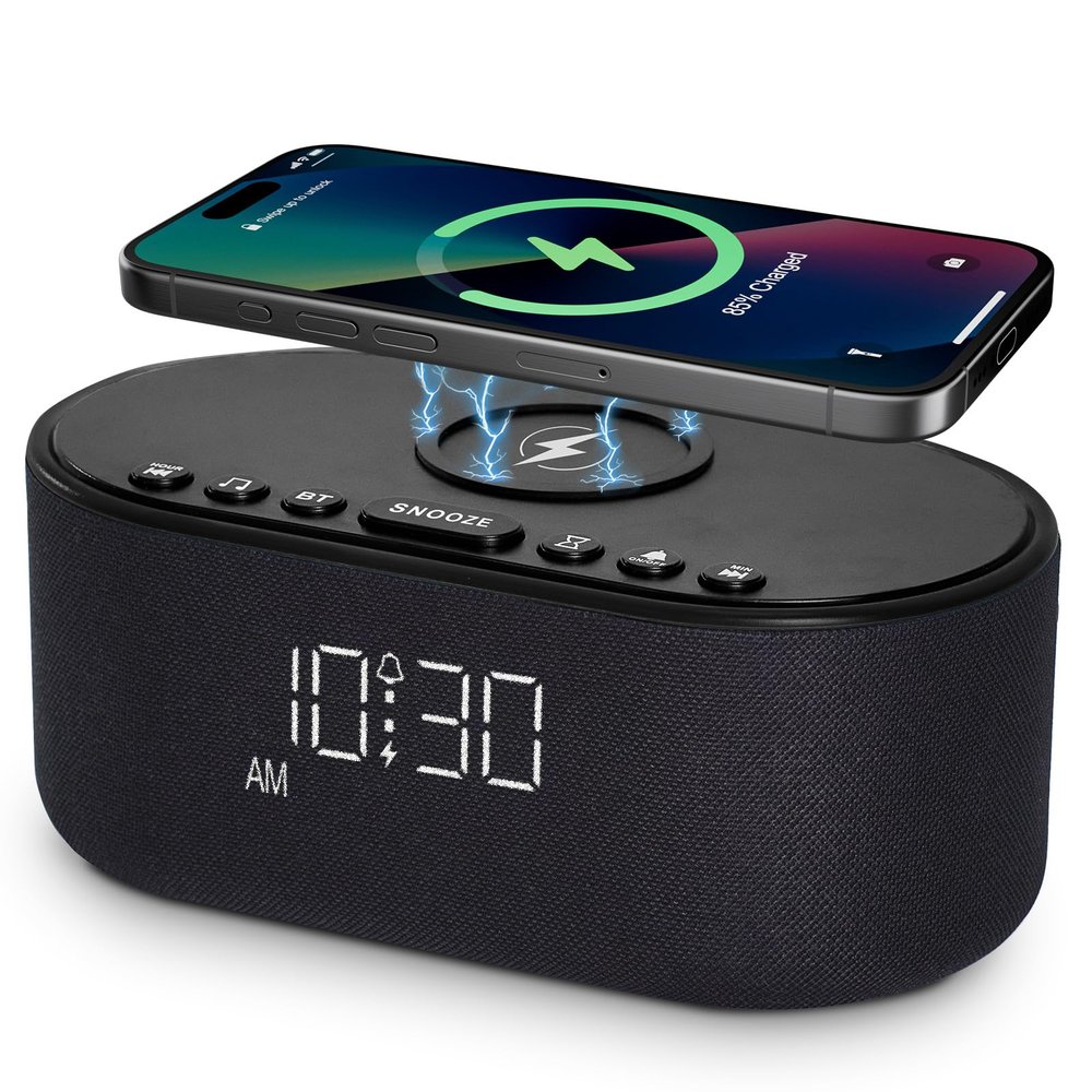 Sound Machine Alarm Clock for Bedrooms: Bluetooth 10W Stereo Sound Speaker with Wireless Charging - White Noise Machine for Sleeping with 21 Soothing Sounds - Black
