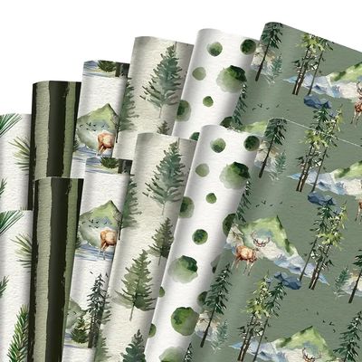 12PCS Green Watercolor Christmas Gift Wrapping Set Reindeer and Tree Themed Party Decorating Paper, Holiday Decorating Supplies
