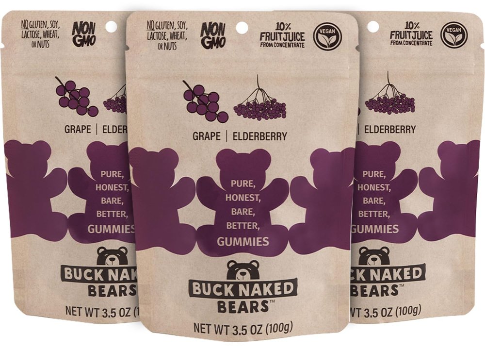B.uck Naked Bears Grape Elderberry Gummy Bears 3.5 oz (Pack of 12)