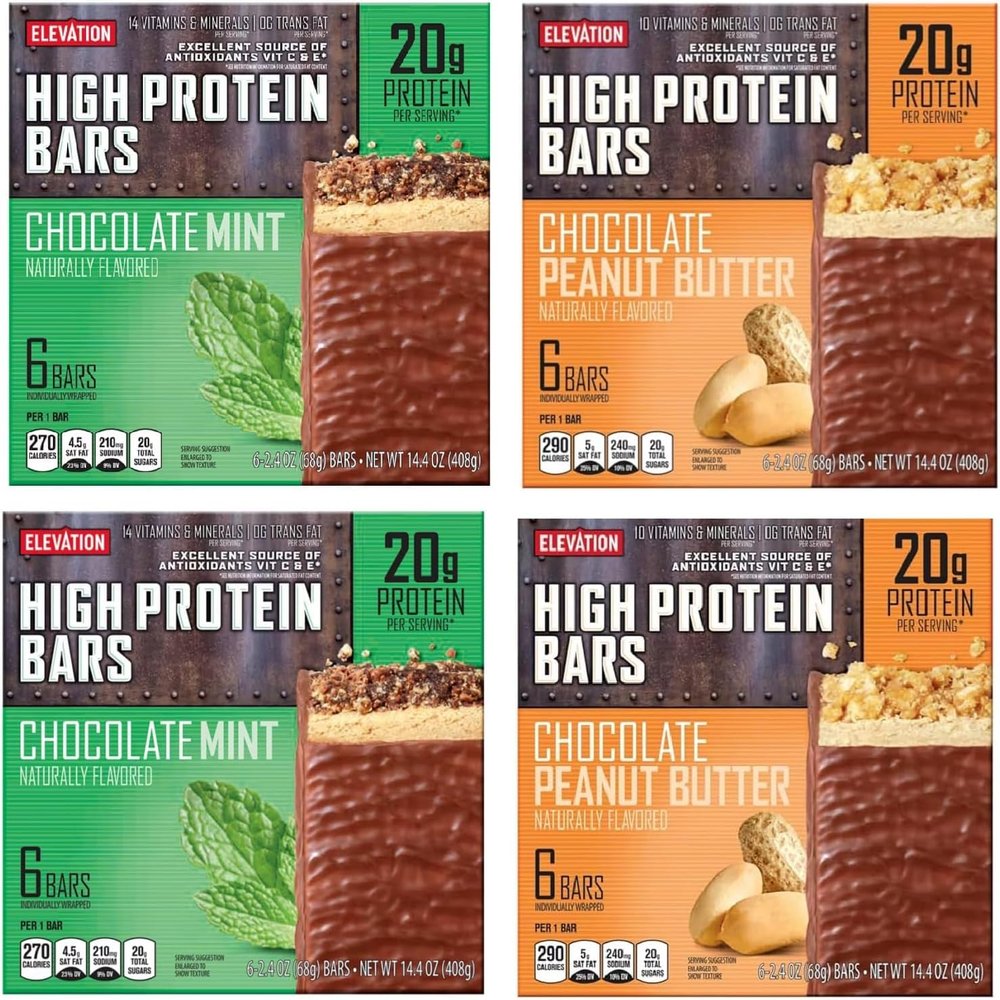  Elevation Mint Chocolate & Chocolate Peanut Butter High Protein Bars  | 14.4oz (408g) - Pack of 4 Boxes- 2 Mint Chocolate and 2 Chocolate Peanut Butter for a total of 24 Convenient, High Protein Snacks! | Delicious & Nutritious Energy Boost  Gui