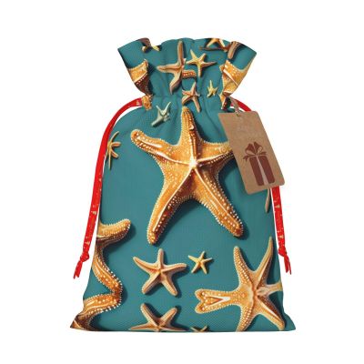 Beach Starfish Christmas Gift Bag - Holiday Drawstring Party Favor Burlap Bags - Ideal for Present Carry-on, and Storage