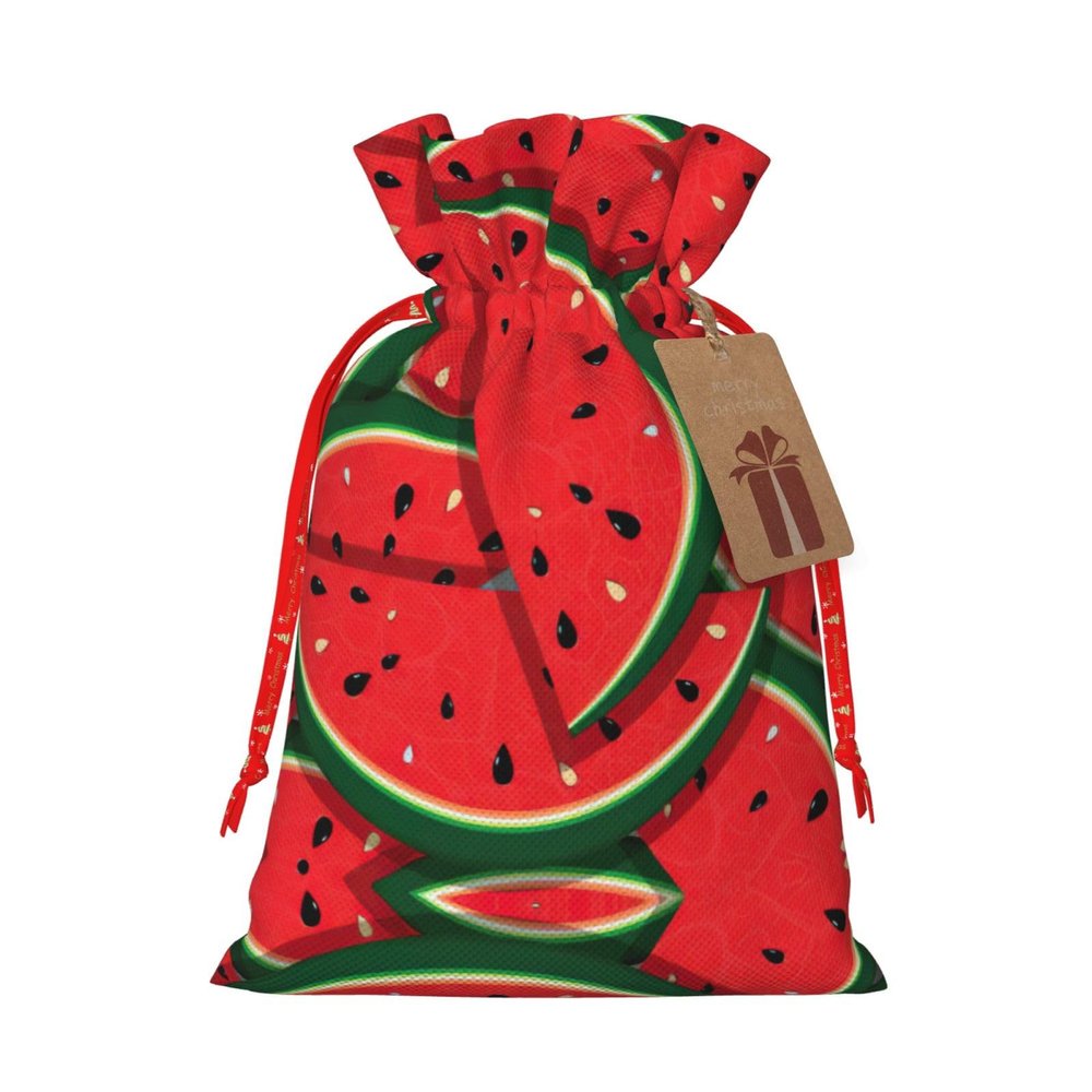 Red Watermelon Christmas Gift Bag - Holiday Drawstring Party Favor Burlap Bags - Ideal for Present Carry-on, and Storage