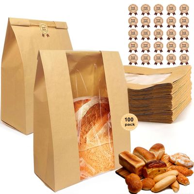 100 Pack Lmoszuak thicker Large Paper Bread Loaf Bags, for Homemade Bread (13.7x8.26x3.54in). with Window Bread bags & 125pcs Sealing Stickers,Suitable for Packaging and Storage of Baked Goods