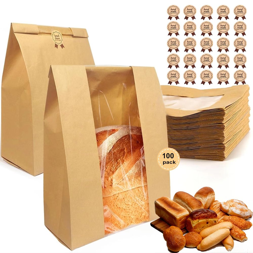 100 Pack Lmoszuak thicker Large Paper Bread Loaf Bags, for Homemade Bread (13.7x8.26x3.54in). with Window Bread bags & 125pcs Sealing Stickers,Suitable for Packaging and Storage of Baked Goods