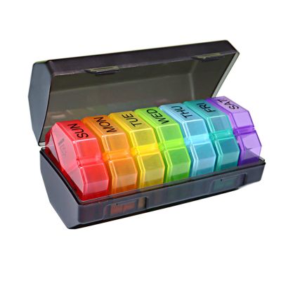 28 Compartments Medicine Container, Portable 7 Day Weekly Pill Organize, with Sealed Design for Vitamins, Medications, and Tablets (Black Seven Colors)