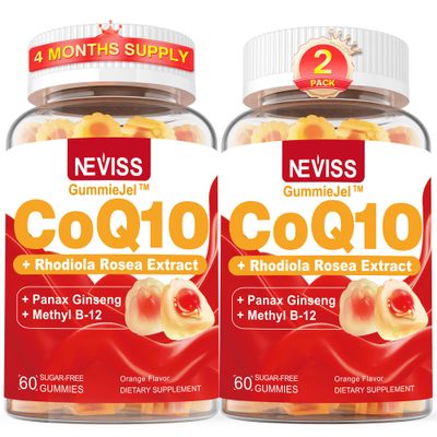 Ultra Absorption CoQ10 Gummies 200mg/400mg, w/ Methyl B12 1000mcg, B6, Rhodiola Rosea & Panax Ginseng, Sugar Free CoQ10 Supplement for Energy Boost, Hear-t Health, Antioxidant & Brain Support, 2 Pack