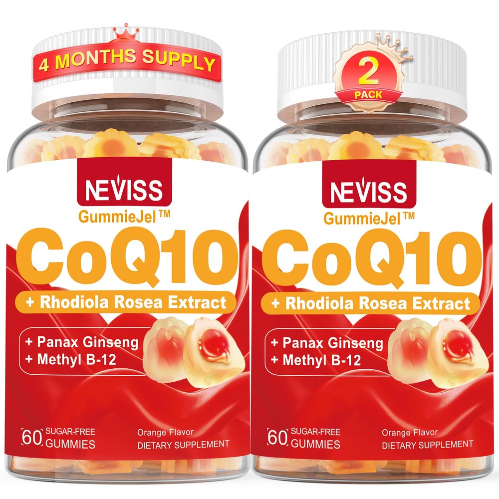 Ultra Absorption CoQ10 Gummies 200mg/400mg, w/ Methyl B12 1000mcg, B6, Rhodiola Rosea & Panax Ginseng, Sugar Free CoQ10 Supplement for Energy Boost, Hear-t Health, Antioxidant & Brain Support, 2 Pack