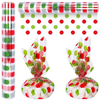 JarThenaAMCS Christmas Cellophane Wrap Roll 16" x 100 Ft Red Green Xmas Polka Dot Cellophane Paper Clear Cello Wrapping Paper for DIY Crafts Gift Basket Wrap New Year Party Favor