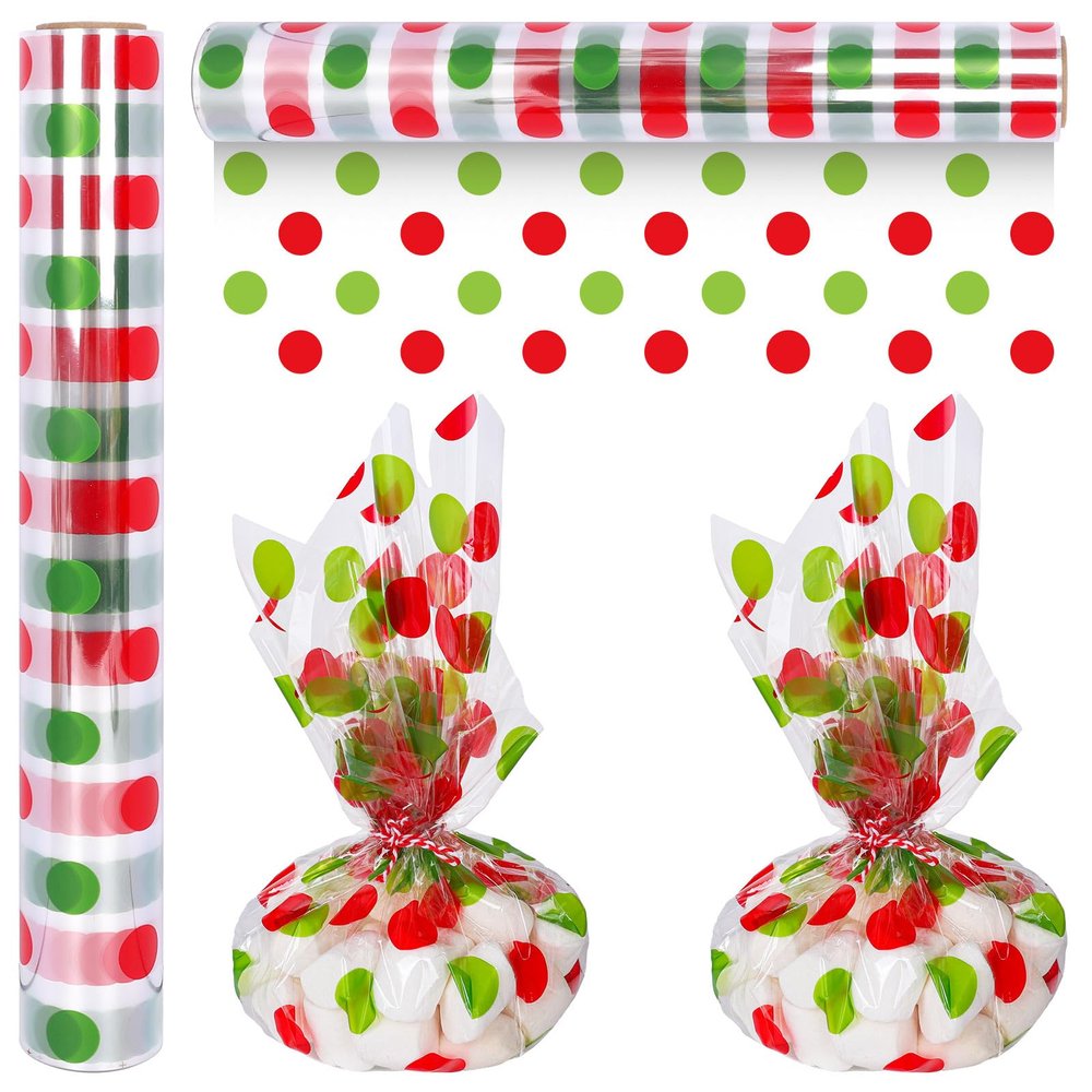 JarThenaAMCS Christmas Cellophane Wrap Roll 16" x 100 Ft Red Green Xmas Polka Dot Cellophane Paper Clear Cello Wrapping Paper for DIY Crafts Gift Basket Wrap New Year Party Favor