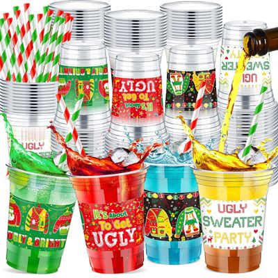 Jingmore 100 Pcs 12 oz Christmas Ugly Sweater Plastic Cups with Straws Christmas Disposable Plastic Cups Winter Xmas Holiday Party Cup Bulk for Merry Christmas Party Supplies Xmas Party Decorations