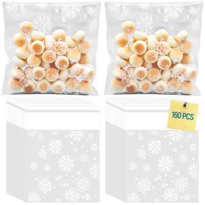 200 Pcs Snowflake Cellophane Cookie Bags - 4x4 Inch Clear Winter-Themed Self-Adhesive Plastic Treat Candy Gift Bags for Christmas Party Favors, Holiday Gift Wrapping, and Seasonal Baking Supplies