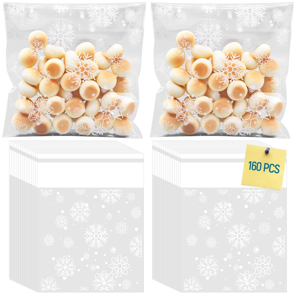 200 Pcs Snowflake Cellophane Cookie Bags - 4x4 Inch Clear Winter-Themed Self-Adhesive Plastic Treat Candy Gift Bags for Christmas Party Favors, Holiday Gift Wrapping, and Seasonal Baking Supplies