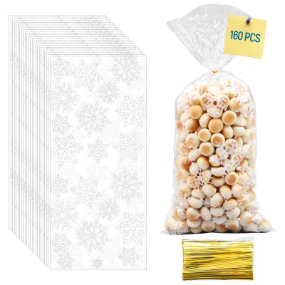 160 Pcs Snowflake Cellophane Candy Bags - Winter-Themed Snow Treat Bags with Twist Ties, Goodie Snack Gift for Christmas Party Favors, Holiday Gift Wrapping, and Xmas Supplies (White, One Size)