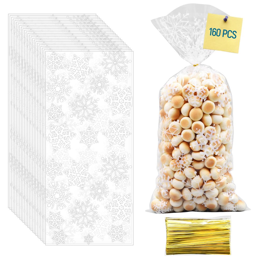 160 Pcs Snowflake Cellophane Candy Bags - Winter-Themed Snow Treat Bags with Twist Ties, Goodie Snack Gift for Christmas Party Favors, Holiday Gift Wrapping, and Xmas Supplies (White, One Size)