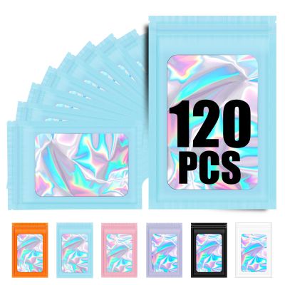 120PCS Smell Proof Mylar Bags,6.3"x9.5"Resealable Bag for Small Business,Holographic Packaging Bags with Clear Window,Foil Pouch Sample Snack Candy Jewelry Bag for Party Favors(Blue)