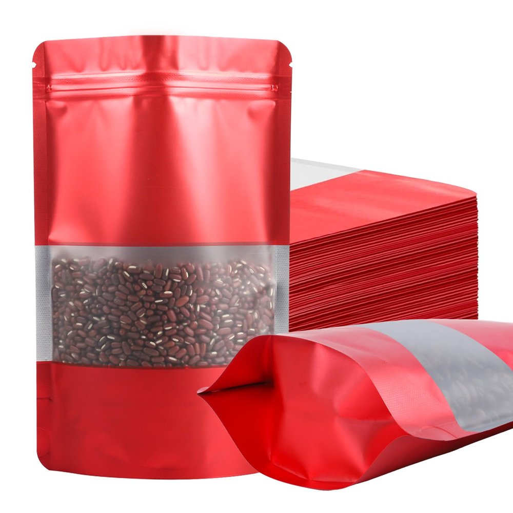 100 Pack Smell Proof Bags, Resealable Red Mylar Bags with Matte Window, Foil Pouch Stand Up Sealable Bags for Packaging, 6.29 9.44 Inch