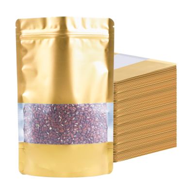 100 Pack Smell Proof Bags, Resealable Gold Mylar Bags with Matte Window, Foil Pouch Stand Up Sealable Bags for Packaging, 5.9 8.66 Inch