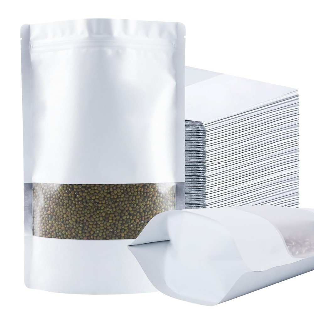 100 Pack Smell Proof Bags, Resealable White Mylar Bags with Matte Window, Foil Pouch Stand Up Sealable Bags for Packaging, 6.29  9.44 Inch