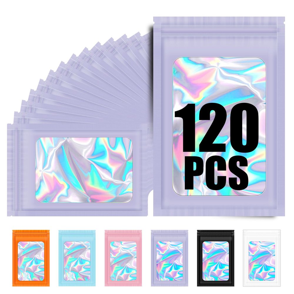 120PCS Smell Proof Mylar Bags,7.8"x11.8" Resealable Bag for Small Business,Holographic Packaging Bags with Clear Window,Foil Pouch Sample Snack Candy Jewelry Bag for Party Favors(Purple)