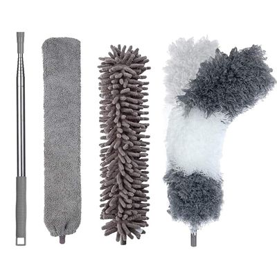 4-in-1 Microfiber Extendable Duster Set, 2.5m Long Handle, Flexible Crack Duster, Cobweb Remover, Washable Cleaning Kit for Ceilings and Fans