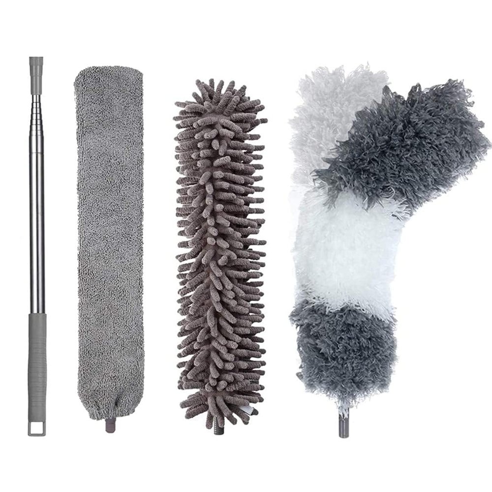 4-in-1 Microfiber Extendable Duster Set, 2.5m Long Handle, Flexible Crack Duster, Cobweb Remover, Washable Cleaning Kit for Ceilings and Fans