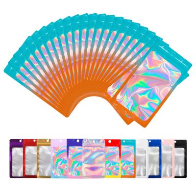 100 Pack Bags with Clear Window,Scratch Resistant Hand Holographic Packaging Pouch,Resealable Bag for Small Bussiness Cookies Jewelry Candy Sample (Green Orange, 5.51 * 7.88 inch)