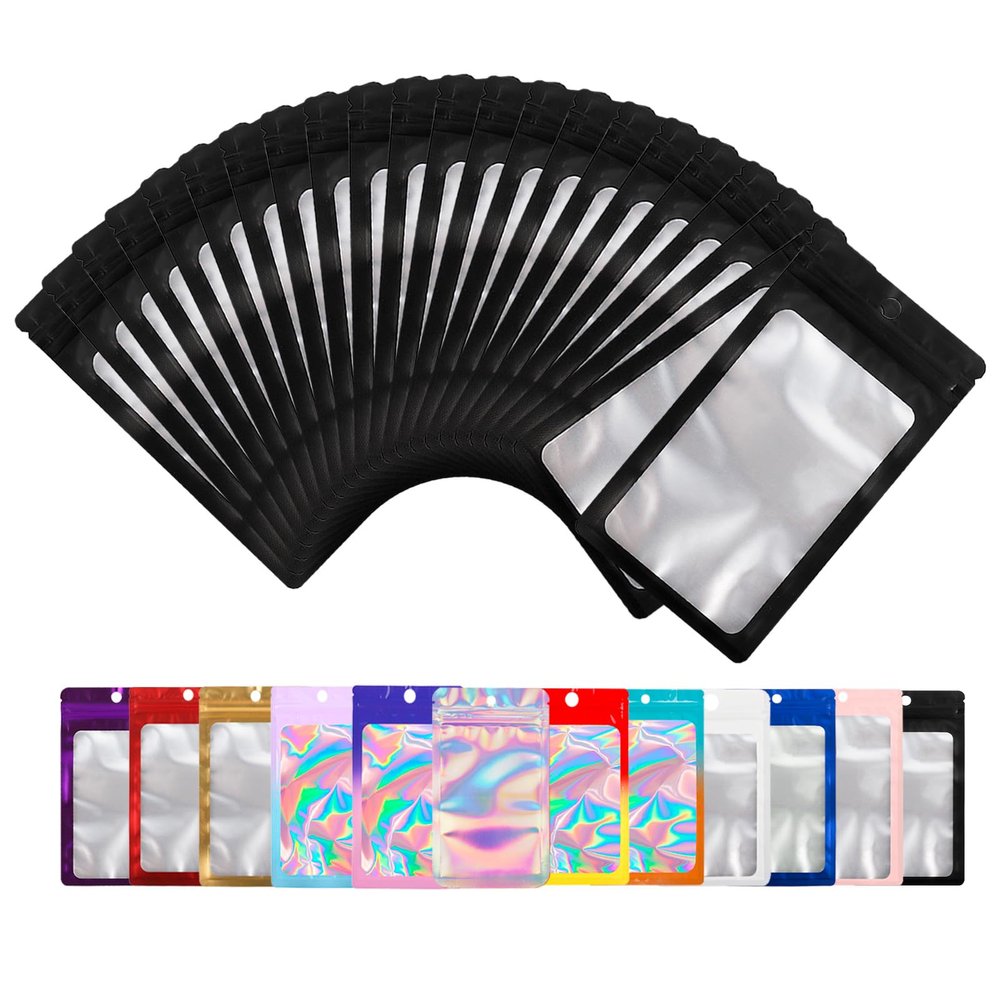 100 Pack Bags with Clear Window,Scratch Resistant Hand Packaging Pouch,Resealable Bag for Small Bussiness Cookies Jewelry Candy Sample (Black, 4.33 * 7.09 inch)